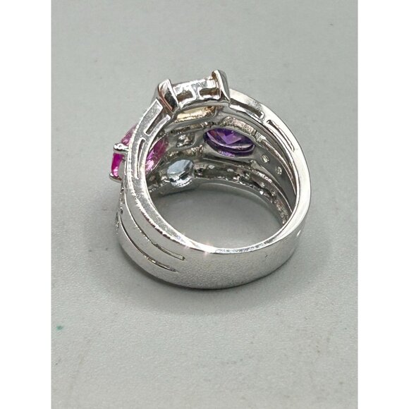 Colorful Cocktail Ring Size 7.5 Silver Tone & Glass Stones Pink Purple Tones - Picture 5 of 10
